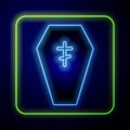 Glowing neon Coffin with christian cross icon isolated on blue background. Happy Halloween party. Vector Royalty Free Stock Photo