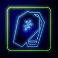 Glowing neon Coffin with christian cross icon isolated on blue background. Happy Halloween party. Vector Royalty Free Stock Photo