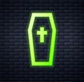 Glowing neon Coffin with christian cross icon isolated on brick wall background. Happy Halloween party. Vector Royalty Free Stock Photo