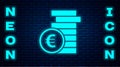 Glowing neon Coin money with euro symbol icon isolated on brick wall background. Banking currency sign. Cash symbol