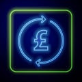 Glowing neon Coin money with pound sterling symbol icon isolated on blue background. Banking currency sign. Cash symbol. Vector