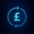 Glowing neon Coin money with pound sterling symbol icon isolated on brick wall background. Banking currency sign. Cash