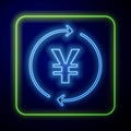Glowing neon Coin money with Yen symbol icon isolated on blue background. Banking currency sign. Cash symbol. Vector