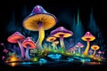 Glowing neon colored hallucinogenic fantasy mushrooms