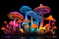 Glowing neon colored hallucinogenic fantasy mushrooms
