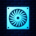 Glowing neon Computer cooler icon isolated on brick wall background. PC hardware fan. Vector