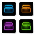 Glowing neon Cream or lotion cosmetic tube icon isolated on white background. Body care products for men. Black square