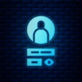 Glowing neon Create account screen icon isolated on brick wall background. Vector Illustration Royalty Free Stock Photo