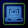 Glowing neon Creating robot icon isolated on blue background. Artificial intelligence, machine learning, cloud computing Royalty Free Stock Photo