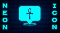 Glowing neon Cross ankh icon isolated on brick wall background. Egyptian word for life or symbol of immortality. Vector