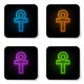 Glowing neon Cross ankh icon isolated on white background. Black square button. Vector