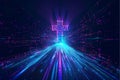 Glowing neon cross in data stream tunnel. Futuristic virtual reality concept of faith and spirituality. Religious symbolism with