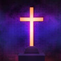 Glowing neon cross standing on a treasure sarcophagus in a crypt. Cyberpunk background of a sepulcher, energy radiating