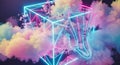 Glowing neon cube enveloped in ethereal clouds with abstract forms Royalty Free Stock Photo