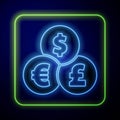 Glowing neon Currency exchange icon isolated on blue background. Cash transfer symbol. Banking currency sign. Vector