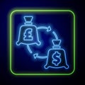 Glowing neon Currency exchange icon isolated on blue background. Euro and Dollar cash transfer symbol. Banking currency