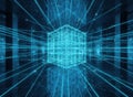 Glowing neon data cube in dark server hall visualises digital network future, concept of metaverse, blockchain infrastructure and Royalty Free Stock Photo