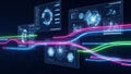 Futuristic digital interfaces with glowing neon data streams on a dark background technology Royalty Free Stock Photo