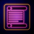 Glowing neon Decree, paper, parchment, scroll icon icon isolated on black background. Vector