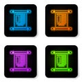 Glowing neon Decree, paper, parchment, scroll icon icon isolated on white background. Chinese scroll. Black square