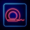 Glowing neon Dental floss icon isolated on blue background. Vector