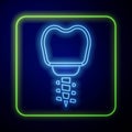 Glowing neon Dental implant icon isolated on blue background. Vector