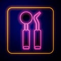 Glowing neon Dental inspection mirror and probe icon isolated on black background. Explorer scaler. Tool dental checkup