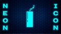 Glowing neon Detonate dynamite bomb stick and timer clock icon isolated on brick wall background. Time bomb - explosion