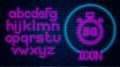 Glowing neon Digital speed meter concept with 5G icon isolated on brick wall background. Global network high speed