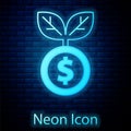 Glowing neon Dollar plant icon isolated on brick wall background. Business investment growth concept. Money savings and Royalty Free Stock Photo