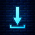 Glowing neon Download icon isolated on brick wall background. Upload button. Load symbol. Arrow point to down. Vector