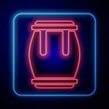 Glowing neon Drum icon isolated on black background. Music sign. Musical instrument symbol. Vector