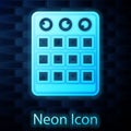 Glowing neon Drum machine icon isolated on brick wall background. Musical equipment. Vector