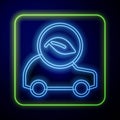 Glowing neon Eco car concept drive with leaf icon isolated on blue background. Green energy car symbol. Vector Royalty Free Stock Photo