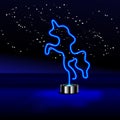 Glowing Neon effect sign with blue Unicorn. Night club or bar concept. Night bright signboard, Glowing light banner.