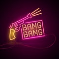 Glowing Neon effect sign. Pair of crossed gun revolver. night club or bar concept. shooter pistols or weapon on dark Royalty Free Stock Photo