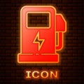 Glowing neon Electric car charging station icon isolated on brick wall background. Eco electric fuel pump sign. Vector Royalty Free Stock Photo