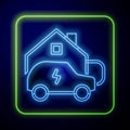 Glowing neon Electric car parking charging at home wall box charger station on house icon isolated on blue background