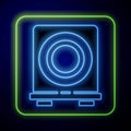 Glowing neon Electric stove icon isolated on blue background. Cooktop sign. Hob with four circle burners. Vector Royalty Free Stock Photo