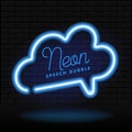 Glowing neon empty speech bubble frame. Cloud blank speech bubble in neon style on dark brick wall background. Vector