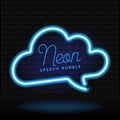 Glowing neon empty speech bubble frame. Cloud blank speech bubble in neon style on dark brick wall background. Vector