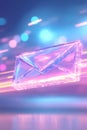 Glowing Neon Envelope Icon in Motion with Blurred Lights Background