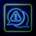 Glowing neon Exclamation mark in triangle icon isolated on blue background. Hazard warning sign, careful, attention Royalty Free Stock Photo