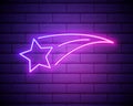 Glowing neon Falling star icon isolated on brick wall background. Shooting star with star trail. Meteoroid, meteorite, comet, Royalty Free Stock Photo