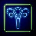 Glowing neon Female reproductive system icon isolated on blue background. Anatomy. Gynecology. Woman health. Vector