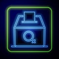 Glowing neon Female vote right icon isolated on blue background. Vector