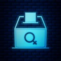 Glowing neon Female vote right icon isolated on brick wall background. Vector