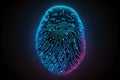 glowing neon fingerprint on the dark background.