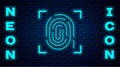 Glowing neon Fingerprint icon isolated on brick wall background. ID app icon. Identification sign. Touch id. Vector