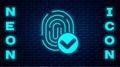 Glowing neon Fingerprint icon isolated on brick wall background. ID app icon. Identification sign. Touch id. Vector